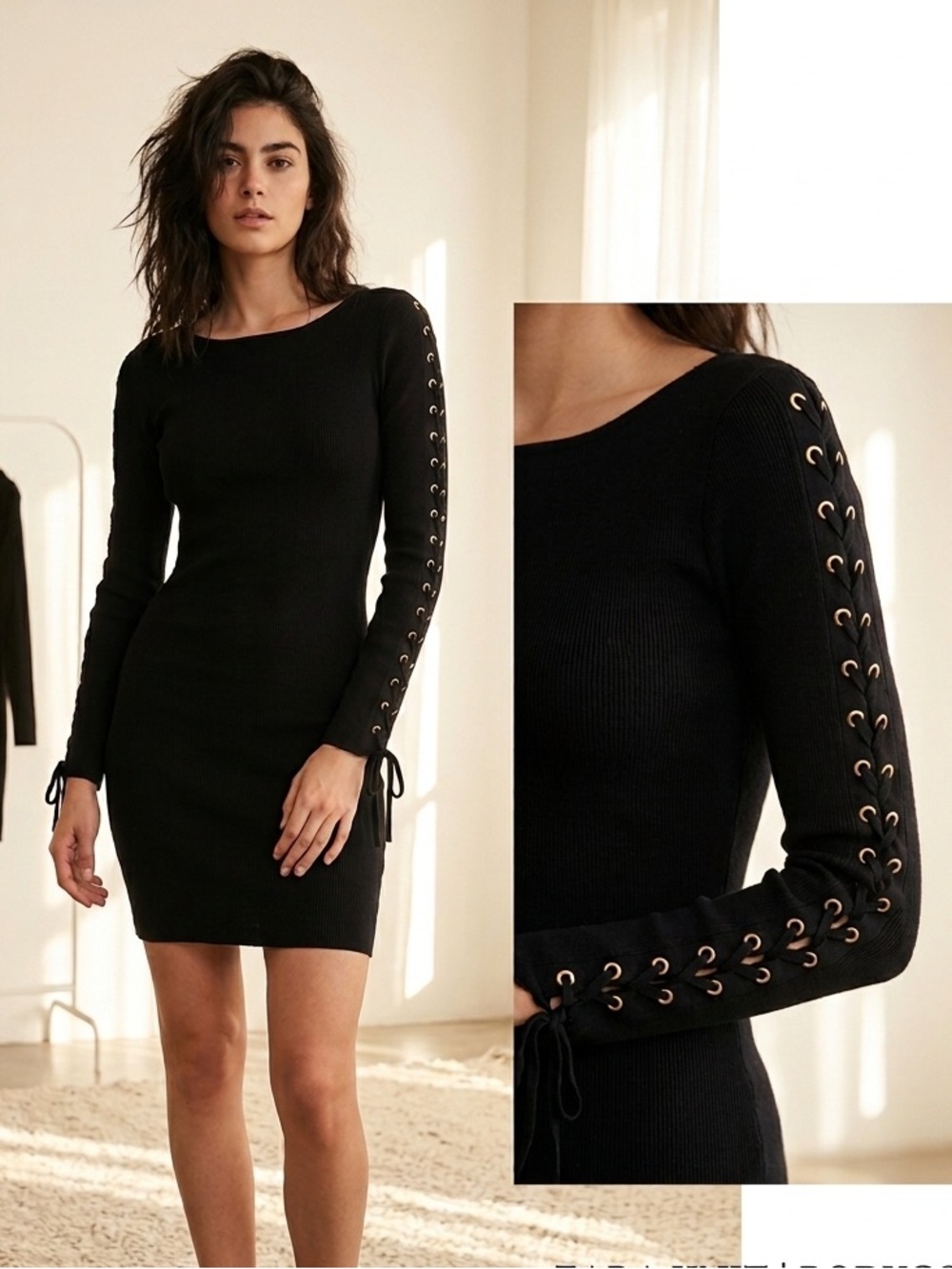 Zara Knit Black Bodycon Dress Lace Up Grommet Long Sleeve Mini Moto Edgy size S